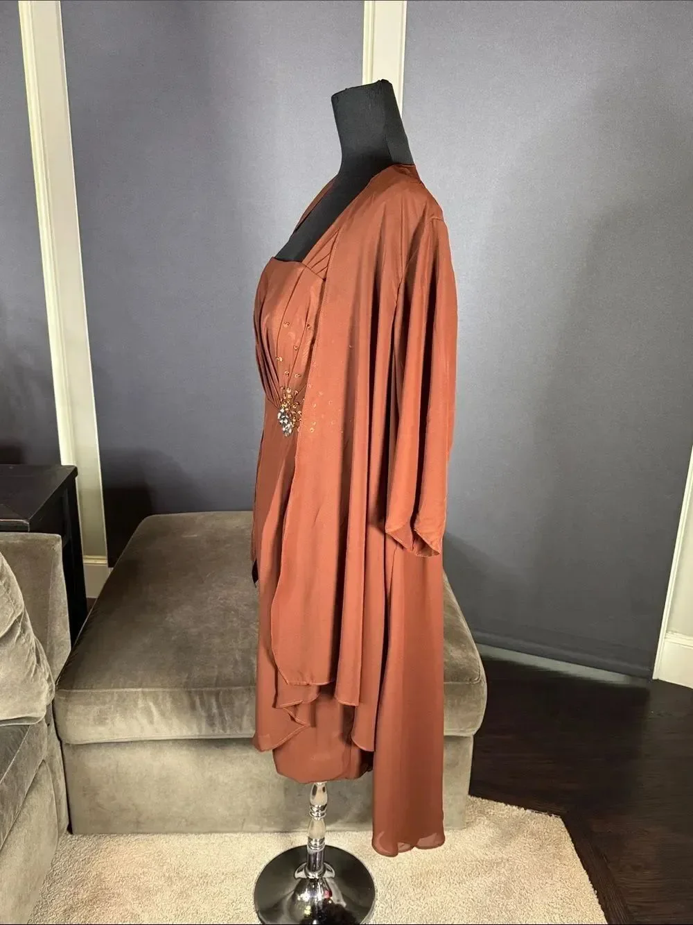 Women’s Brown Chiffon Formal Mother of the Bride Dress Draped Jacket Size 14 NWT